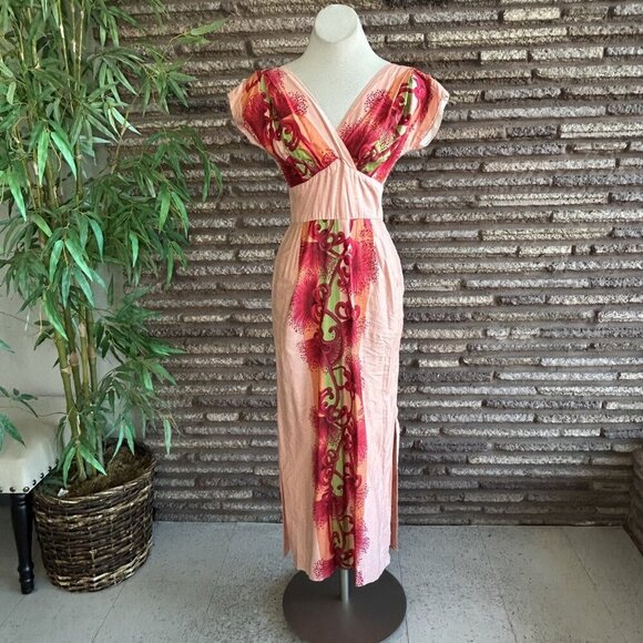 Vintage 60s Hawaiian Togs Peach Floral Tiki Hostess Maxi Empire Waist Dress - Picture 2 of 10